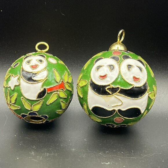 Cloisonne Panda Bamboo Round Ornaments 2” Raise Metal Enamel Green Set of 2 - Picture 2 of 8